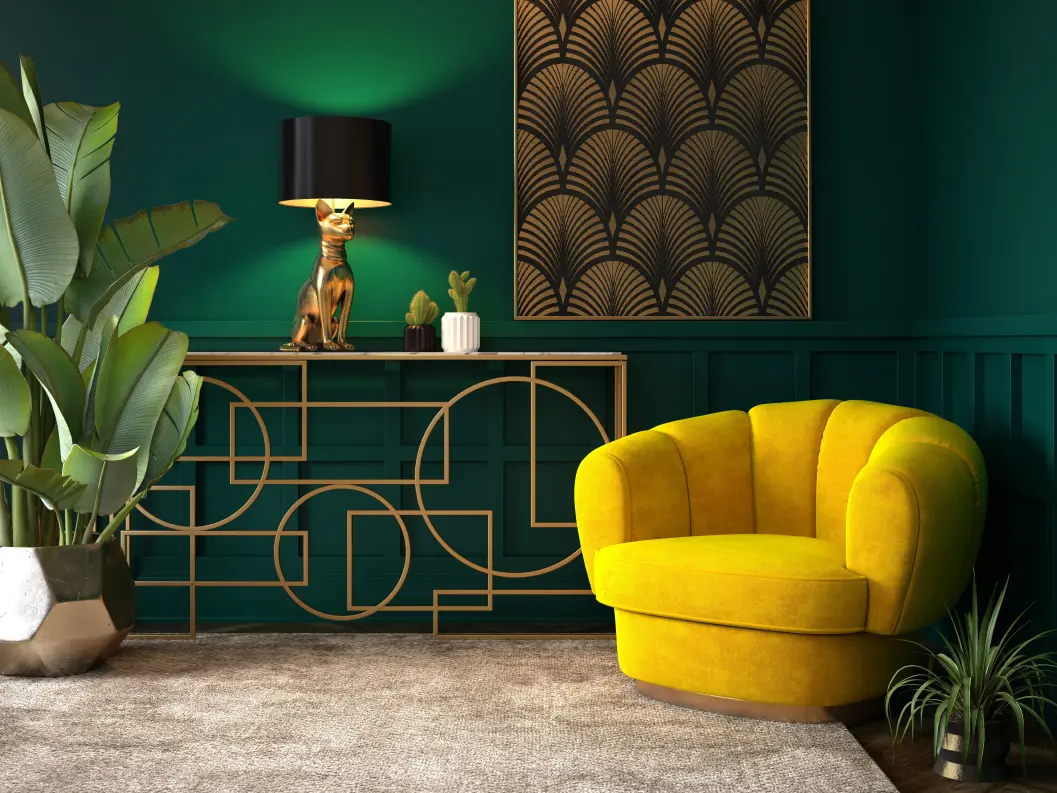 Popular in the 1920s and 1930s, art deco is characterized by geometric shapes, luxurious materials, and bold colors. It often features mirrored surfaces, metallic accents, and streamlined furniture.