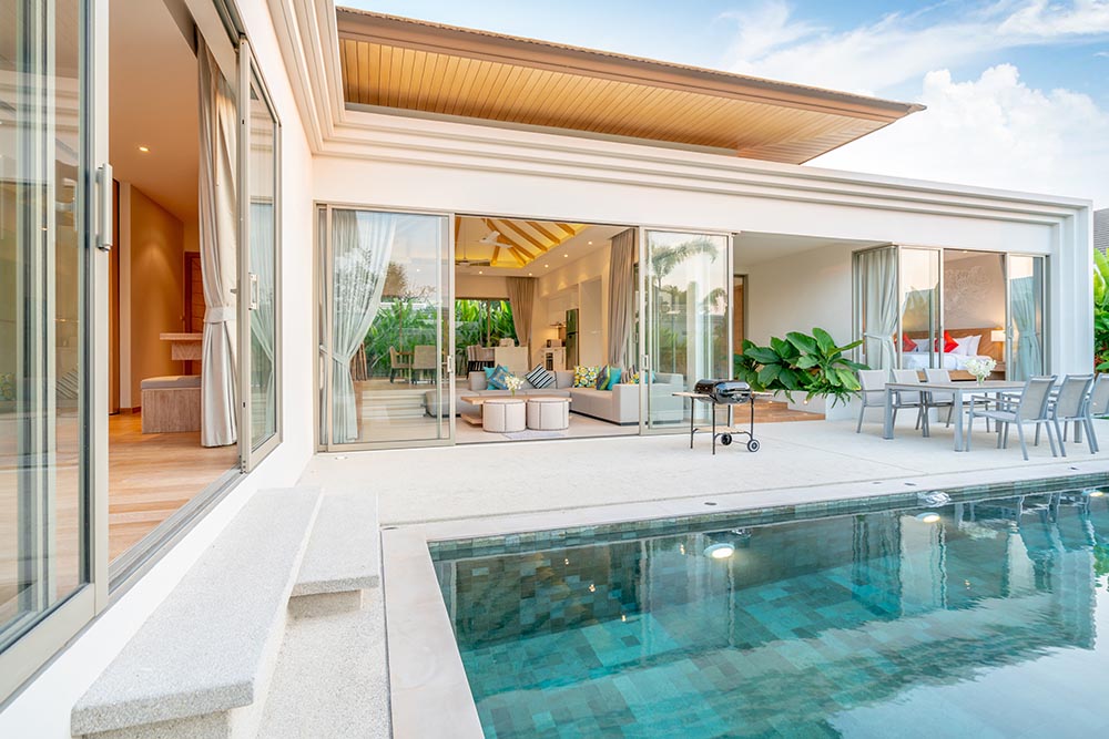 home or house Exterior design showing tropical pool villa with greenery garden